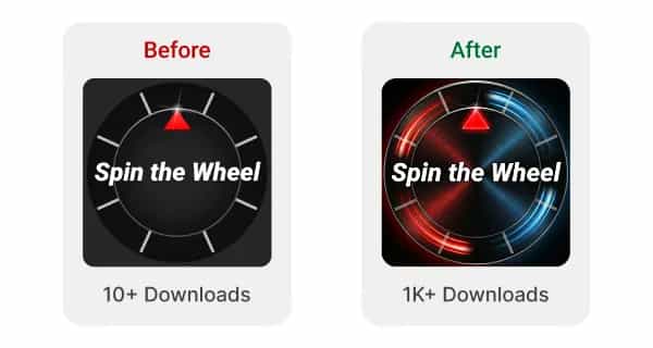 Spin The Wheel 封面圖改版前後對照，下載量從 10+ 提升至 1K+